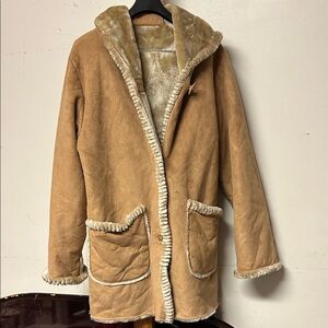 Tan Shearling Coat with Cream Trim